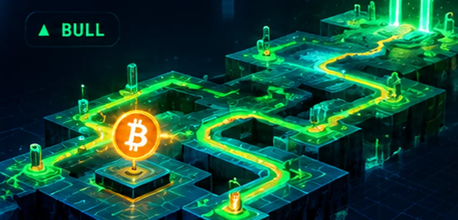 An infinite neon maze with a Bitcoin coin on the path
